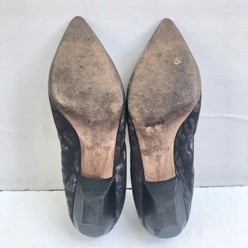 Lanvin Paris Shoes Kitten Heel Points Leopard Pattern Grey Silver Black 37